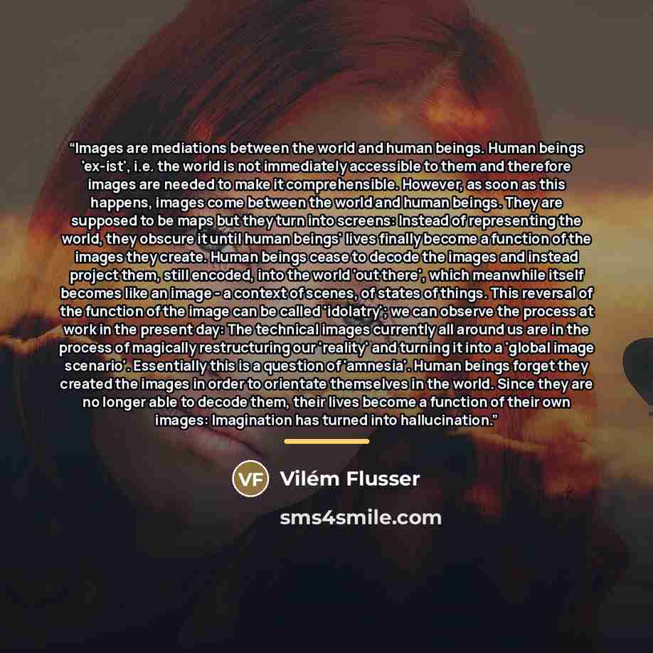 “Images are mediations between the world and human beings. Human beings 'ex-ist', i.e. the world is not immediately accessible to them and therefore images are needed to make it comprehensible. However, as soon as this happens, images come between the world and human beings. They are supposed to be…” quote by Vilém Flusser