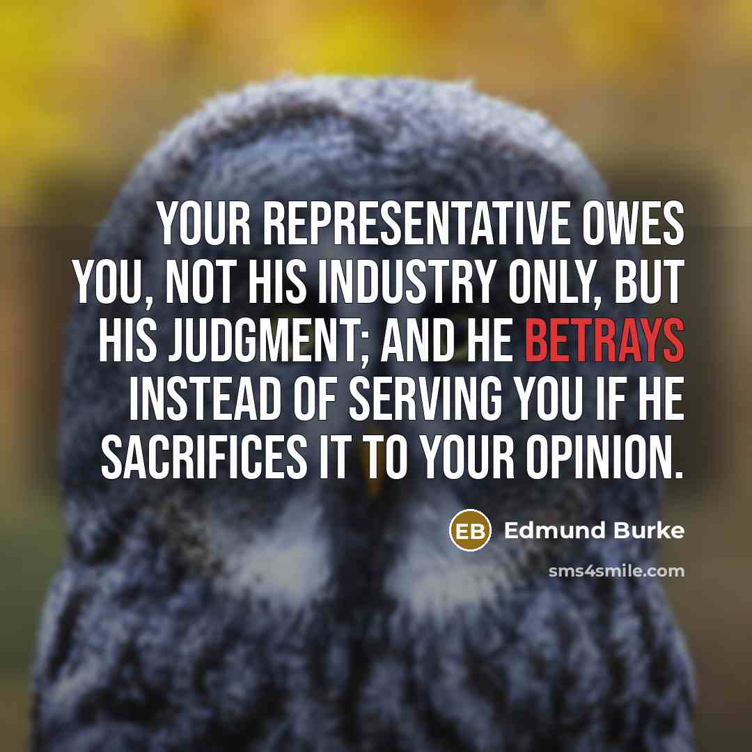 “Your representative owes you, not his industry only, but his judgment; and he betrays instead of serving you if he sacrifices it to your opinion.” quote by Edmund Burke