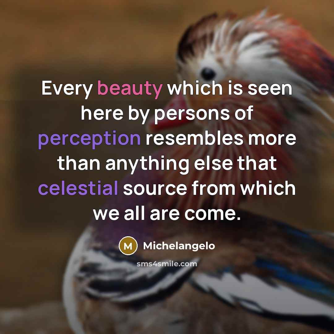 “Every beauty which is seen here by persons of perception resembles more than anything else that celestial source from which we all are come.” quote by Michelangelo