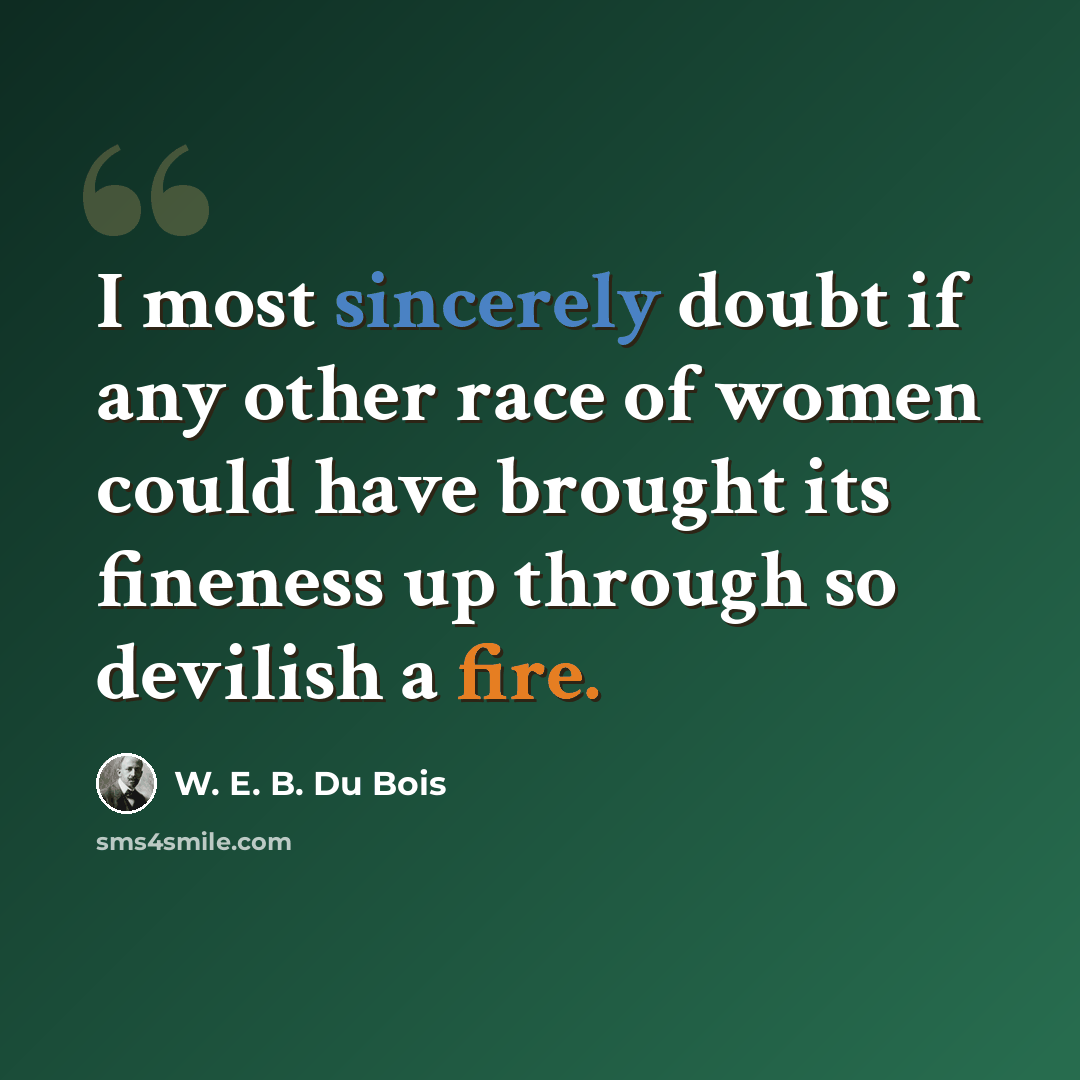 “I most sincerely doubt if any other race of women could have brought its fineness up through so devilish a fire.” quote by W. E. B. Du Bois