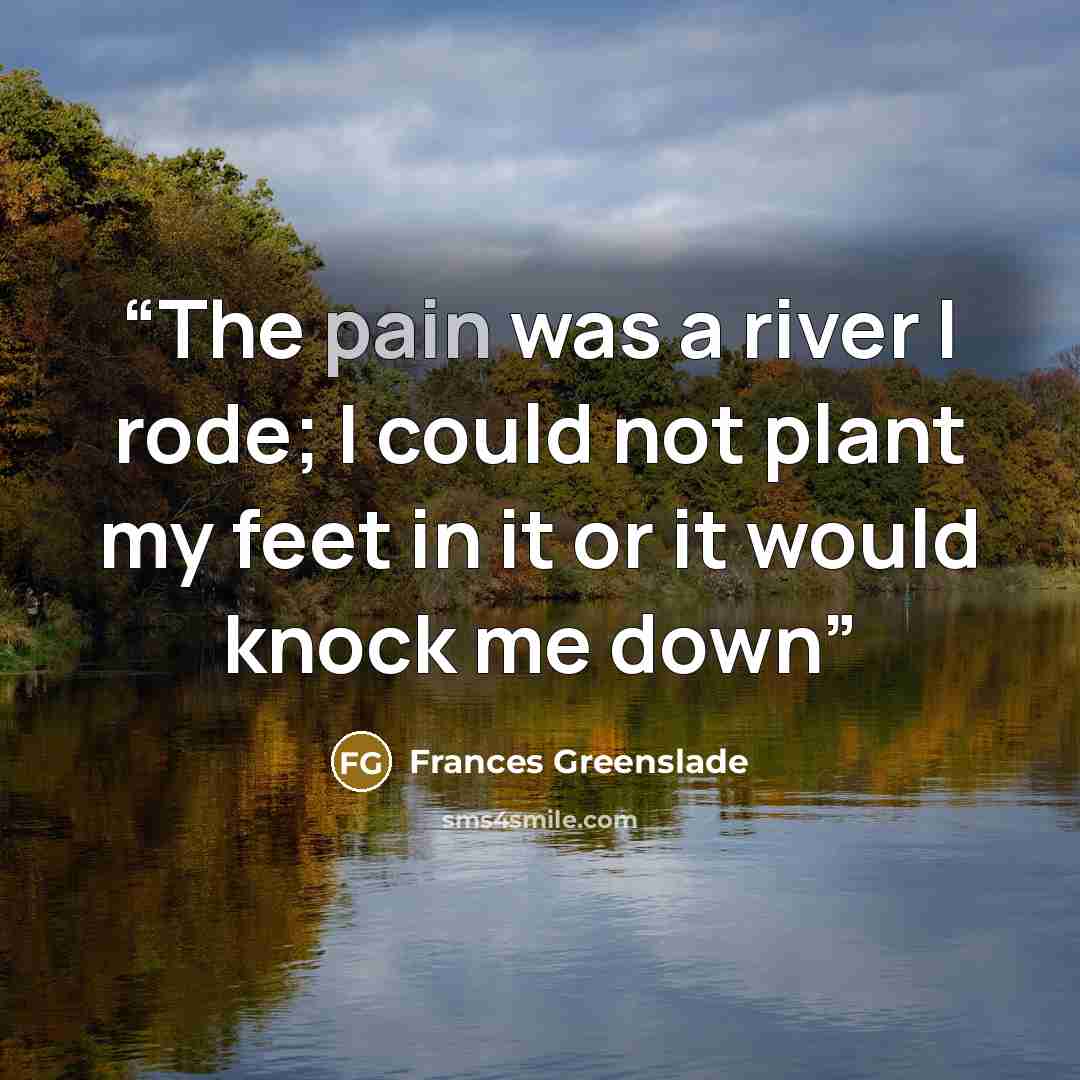 “The pain was a river I rode; I could not plant my feet in it or it would knock me down” quote by Frances Greenslade