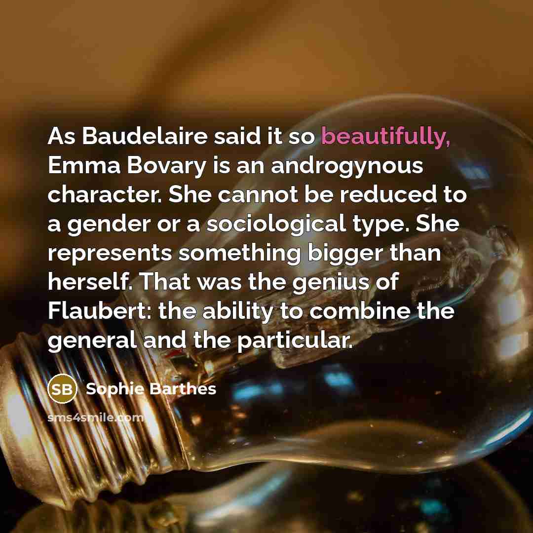 “As Baudelaire said it so beautifully, Emma Bovary is an androgynous character. She cannot be reduced to a gender or a sociological type. She represents something bigger than herself. That was the genius of Flaubert: the ability to combine the general and the particular.” quote by Sophie Barthes