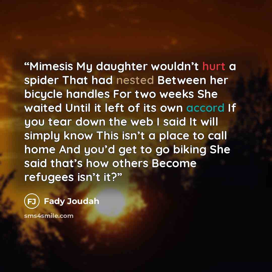 “Mimesis My daughter wouldn’t hurt a spider That had nested Between her bicycle handles For two weeks She waited Until it left of its own accord If you tear down the web I said It will simply know This isn’t a place to call home And you’d get to go biking She said that’s how others Become refugees…” quote by Fady Joudah