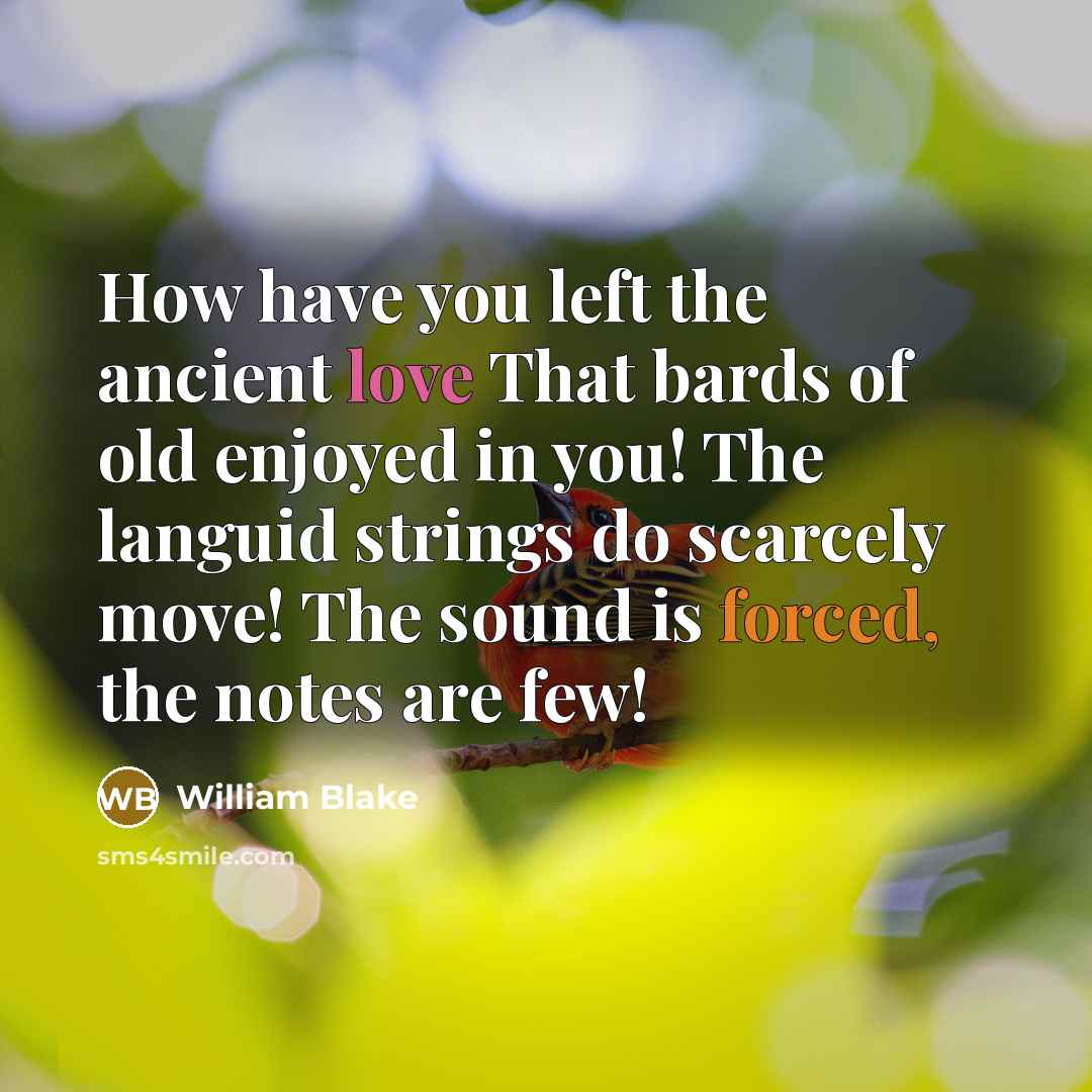 “How have you left the ancient love That bards of old enjoyed in you! The languid strings do scarcely move! The sound is forced, the notes are few!” quote by William Blake