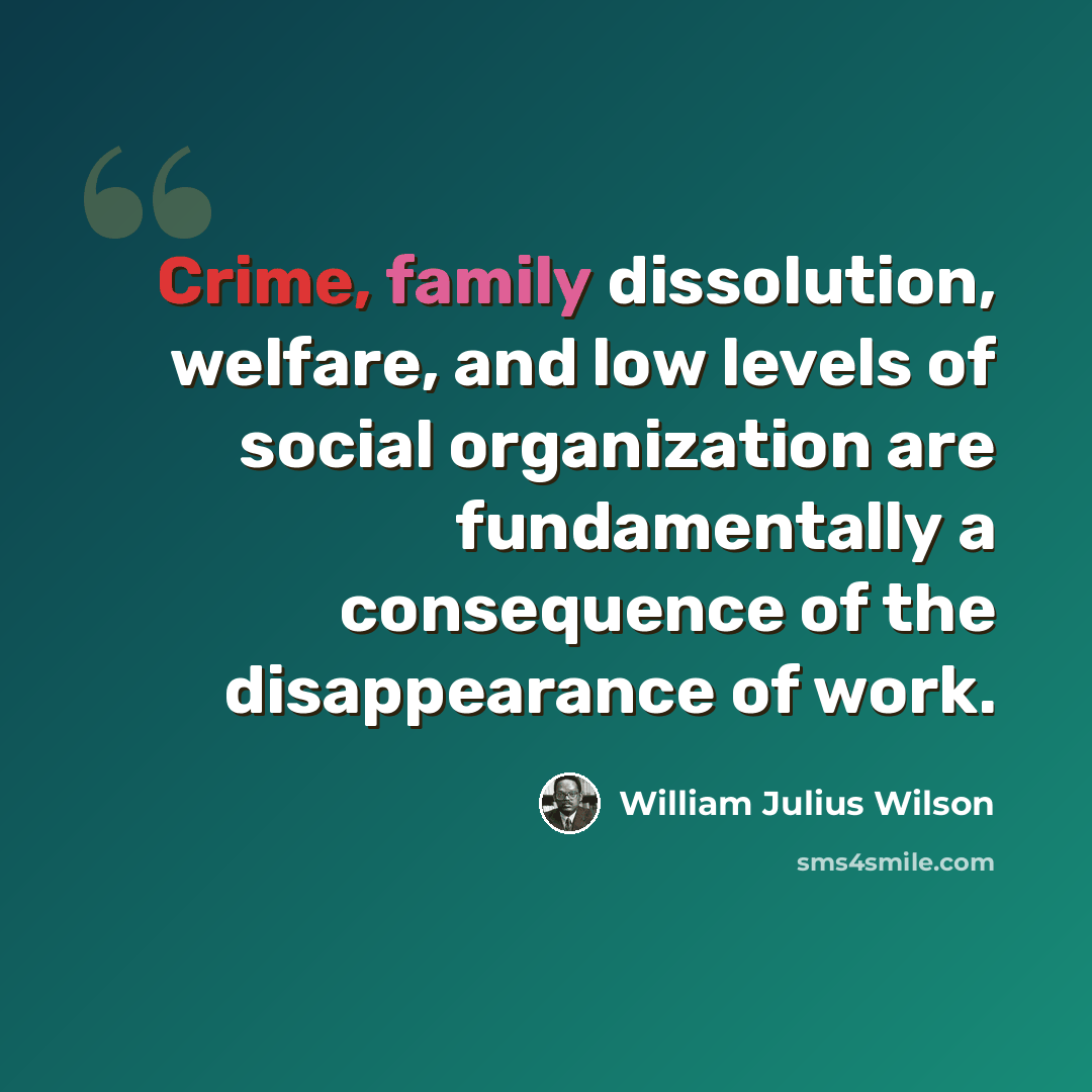 “Crime, family dissolution, welfare, and low levels of social organization are fundamentally a consequence of the disappearance of work.” quote by William Julius Wilson