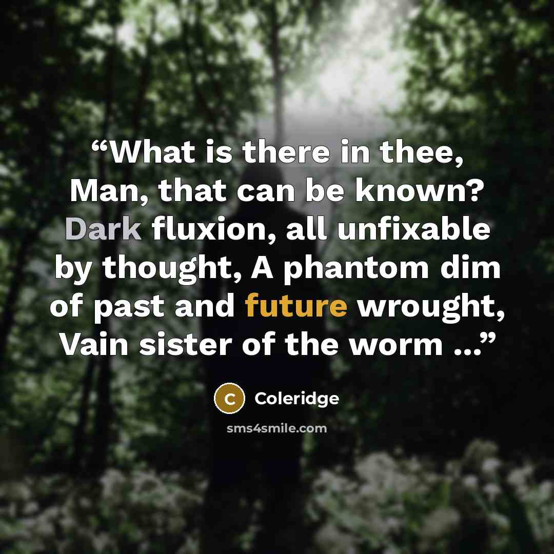 “What is there in thee, Man, that can be known? Dark fluxion, all unfixable by thought, A phantom dim of past and future wrought, Vain sister of the worm ...” quote by Coleridge