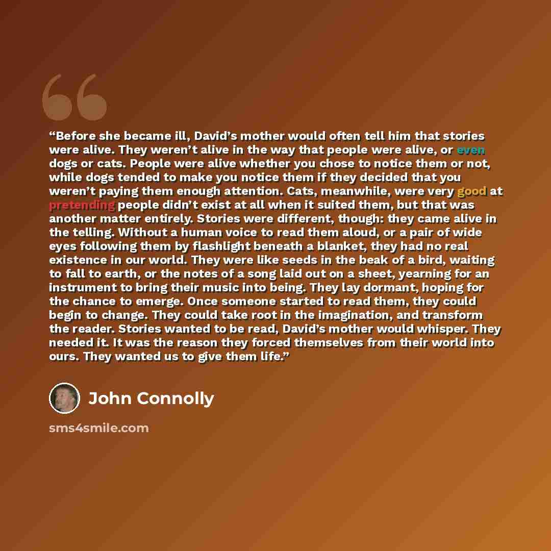 “Before she became ill, David’s mother would often tell him that stories were alive. They weren’t alive in the way that people were alive, or even dogs or cats. People were alive whether you chose to notice them or not, while dogs tended to make you notice them if they decided that you weren’t…” quote by John Connolly