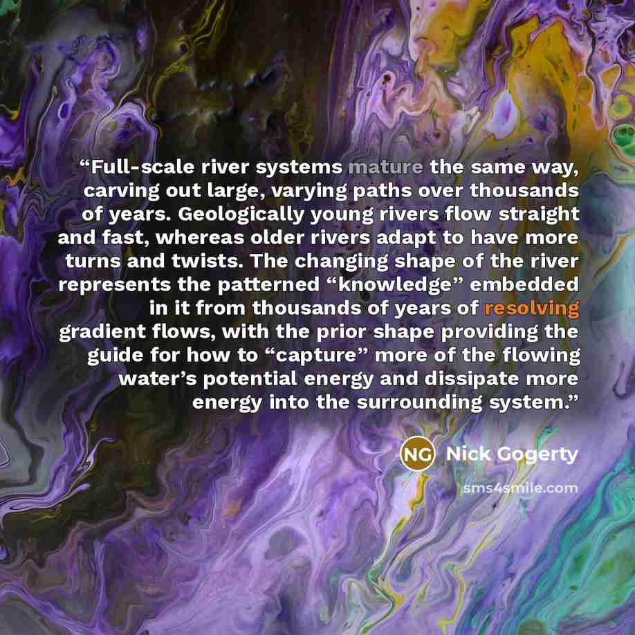 “Full-scale river systems mature the same way, carving out large, varying paths over thousands of years. Geologically young rivers flow straight and fast, whereas older rivers adapt to have more turns and twists. The changing shape of the river represents the patterned “knowledge” embedded in it…” quote by Nick Gogerty
