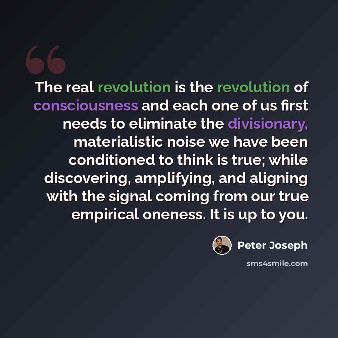 “The real revolution is the revolution of consciousness and each one of us first needs to eliminate the divisionary, materialistic noise we have been conditioned to think is true; while discovering, amplifying, and aligning with the signal coming from our true empirical oneness. It is up to you.” quote by Peter Joseph