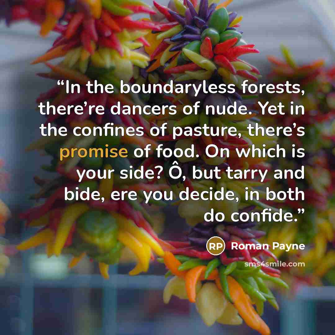 “In the boundaryless forests, there’re dancers of nude. Yet in the confines of pasture, there’s promise of food. On which is your side? Ô, but tarry and bide, ere you decide, in both do confide.” quote by Roman Payne