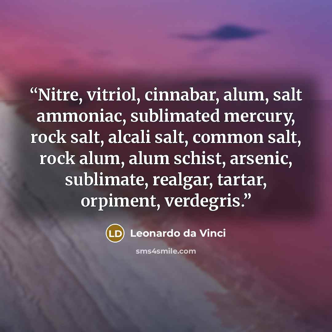 “Nitre, vitriol, cinnabar, alum, salt ammoniac, sublimated mercury, rock salt, alcali salt, common salt, rock alum, alum schist, arsenic, sublimate, realgar, tartar, orpiment, verdegris.” quote by Leonardo da Vinci