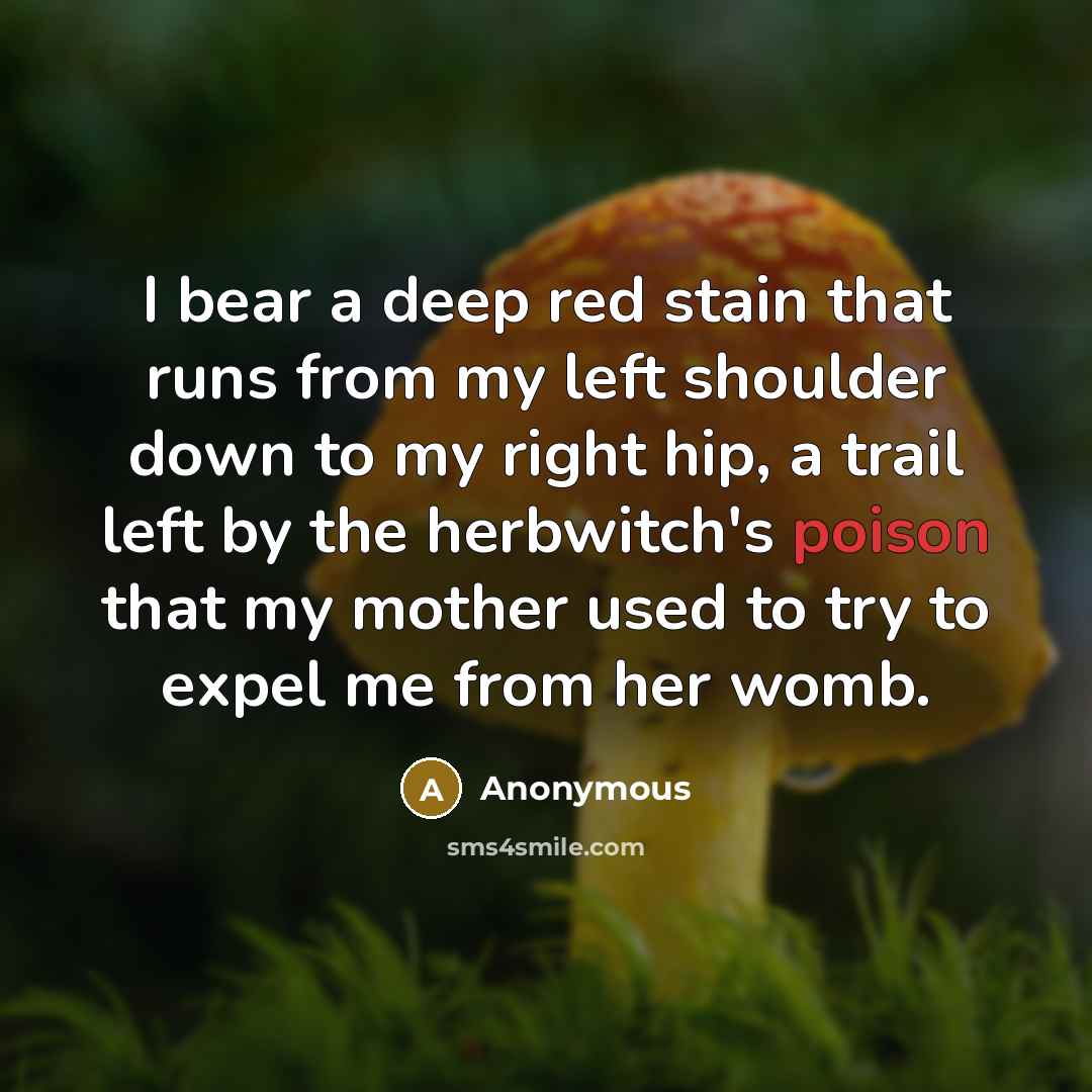 “I bear a deep red stain that runs from my left shoulder down to my right hip, a trail left by the herbwitch's poison that my mother used to try to expel me from her womb.” quote by Anonymous