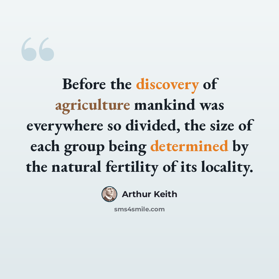 “Before the discovery of agriculture mankind was everywhere so divided, the size of each group being determined by the natural fertility of its locality.” quote by Arthur Keith