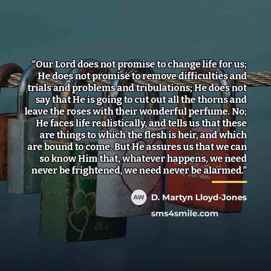 “Our Lord does not promise to change life for us; He does not promise to remove difficulties and trials and problems and tribulations; He does not say that He is going to cut out all the thorns and leave the roses with their wonderful perfume. No; He faces life realistically, and tells us that…” quote by D. Martyn Lloyd-Jones