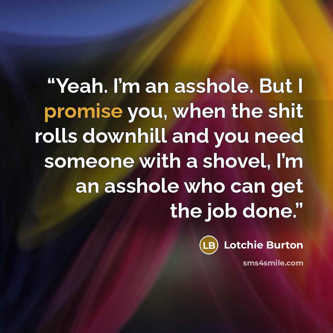 “Yeah. I’m an asshole. But I promise you, when the shit rolls downhill and you need someone with a shovel, I’m an asshole who can get the job done.” quote by Lotchie Burton
