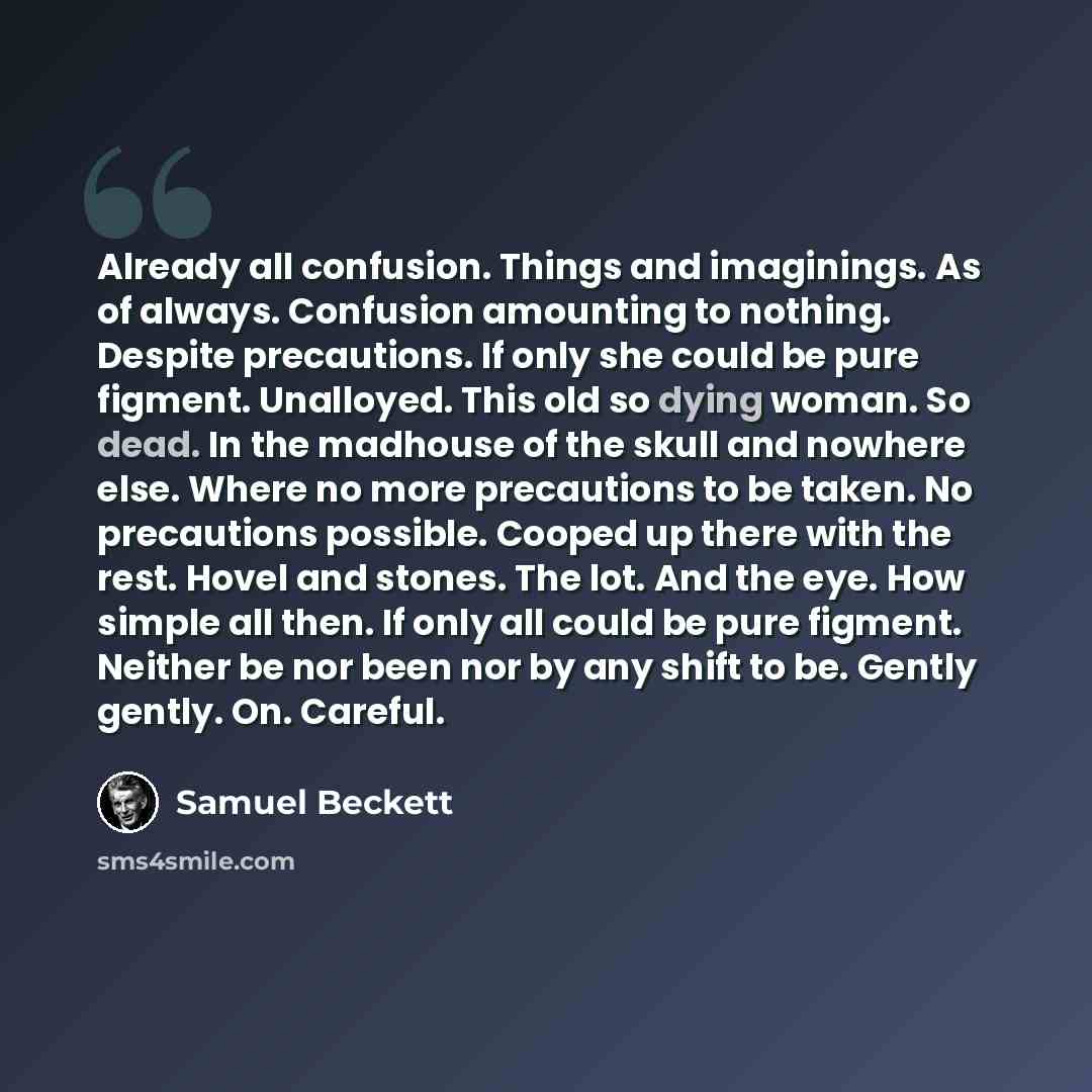 “Already all confusion. Things and imaginings. As of always. Confusion amounting to nothing. Despite precautions. If only she could be pure figment. Unalloyed. This old so dying woman. So dead. In the madhouse of the skull and nowhere else. Where no more precautions to be taken. No precautions…” quote by Samuel Beckett