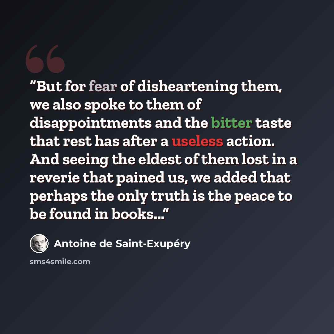 “But for fear of disheartening them, we also spoke to them of disappointments and the bitter taste that rest has after a useless action. And seeing the eldest of them lost in a reverie that pained us, we added that perhaps the only truth is the peace to be found in books...” quote by Antoine de Saint-Exupéry