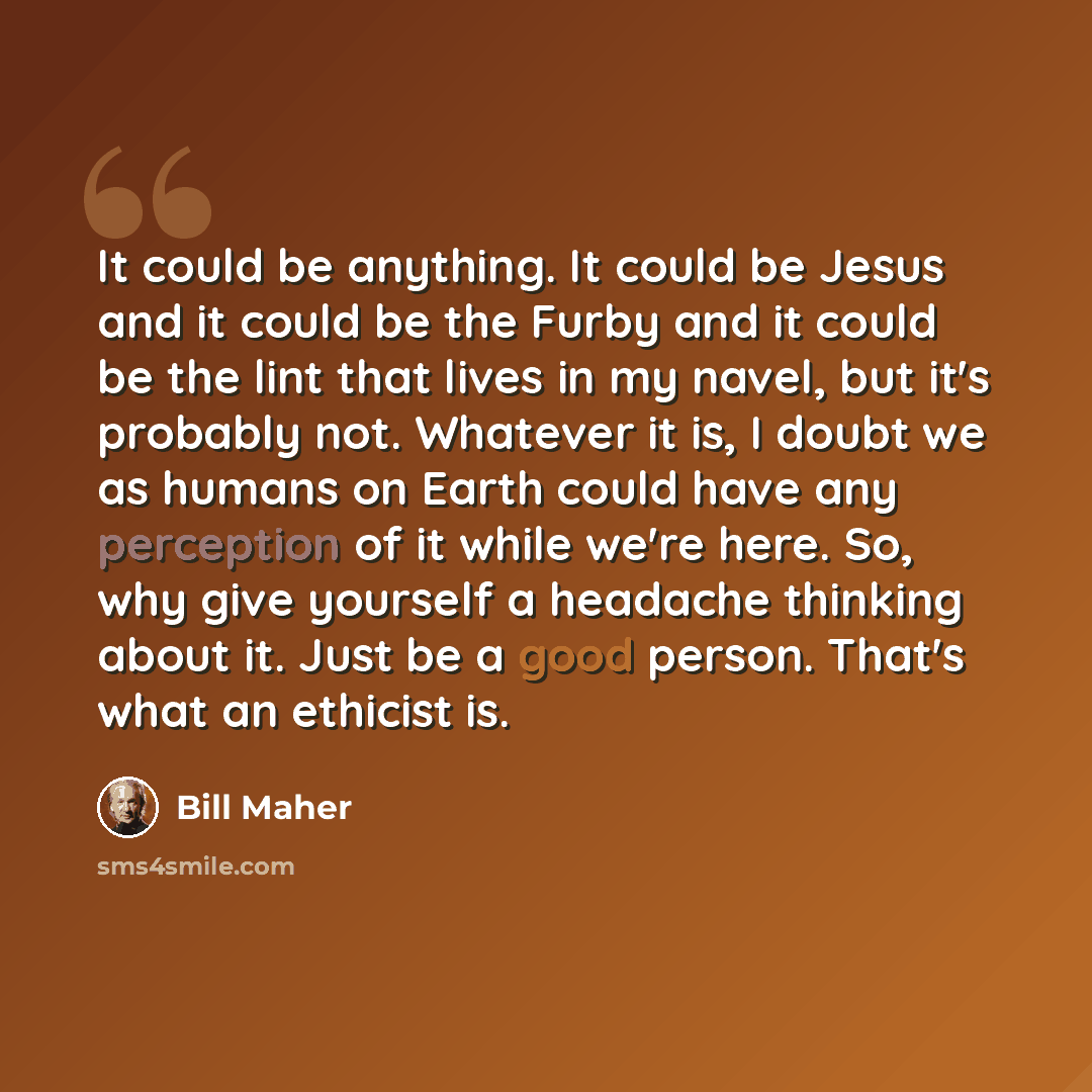 “It could be anything. It could be Jesus and it could be the Furby and it could be the lint that lives in my navel, but it's probably not. Whatever it is, I doubt we as humans on Earth could have any perception of it while we're here. So, why give yourself a headache thinking about it. Just be a…” quote by Bill Maher