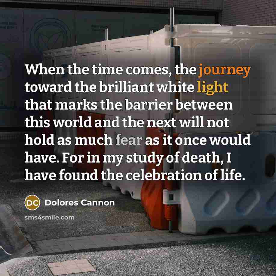“When the time comes, the journey toward the brilliant white light that marks the barrier between this world and the next will not hold as much fear as it once would have. For in my study of death, I have found the celebration of life.” quote by Dolores Cannon