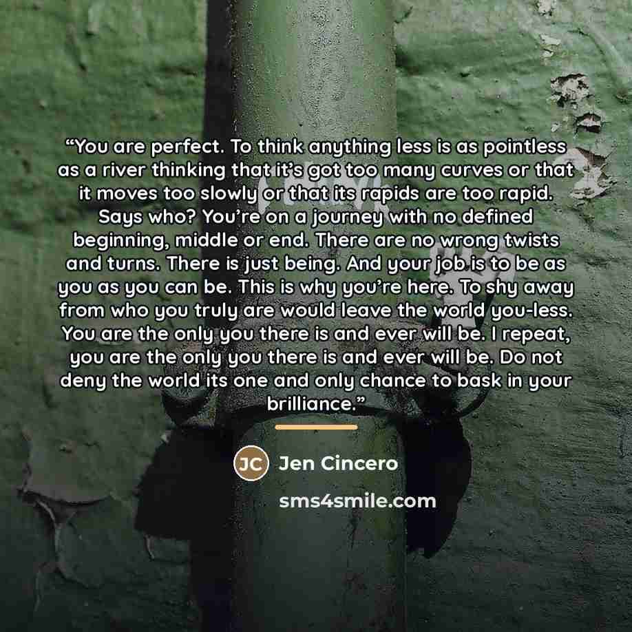 “You are perfect. To think anything less is as pointless as a river thinking that it’s got too many curves or that it moves too slowly or that its rapids are too rapid. Says who? You’re on a journey with no defined beginning, middle or end. There are no wrong twists and turns. There is just being…” quote by Jen Cincero