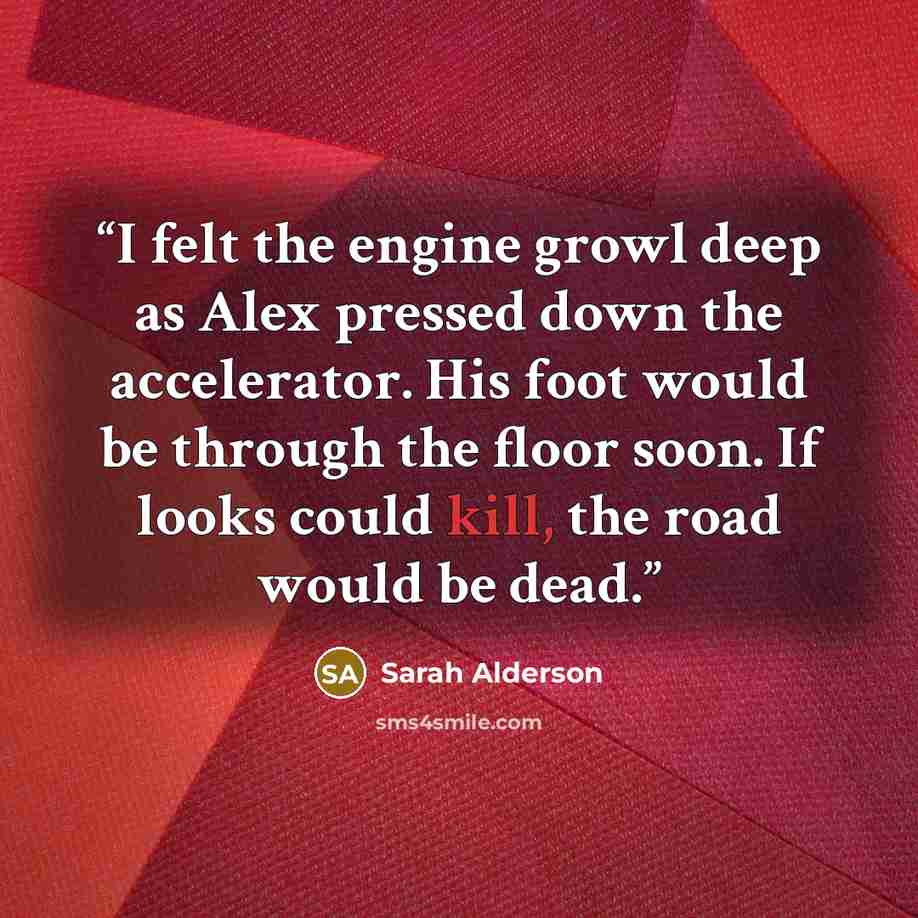 “I felt the engine growl deep as Alex pressed down the accelerator. His foot would be through the floor soon. If looks could kill, the road would be dead.” quote by Sarah Alderson