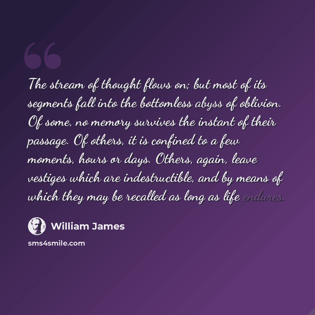 “The stream of thought flows on; but most of its segments fall into the bottomless abyss of oblivion. Of some, no memory survives the instant of their passage. Of others, it is confined to a few moments, hours or days. Others, again, leave vestiges which are indestructible, and by means of which…” quote by William James