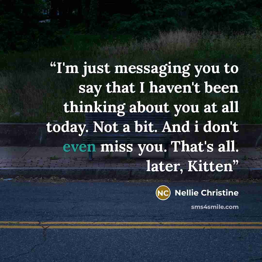 “I'm just messaging you to say that I haven't been thinking about you at all today. Not a bit. And i don't even miss you. That's all. later, Kitten” quote by Nellie Christine
