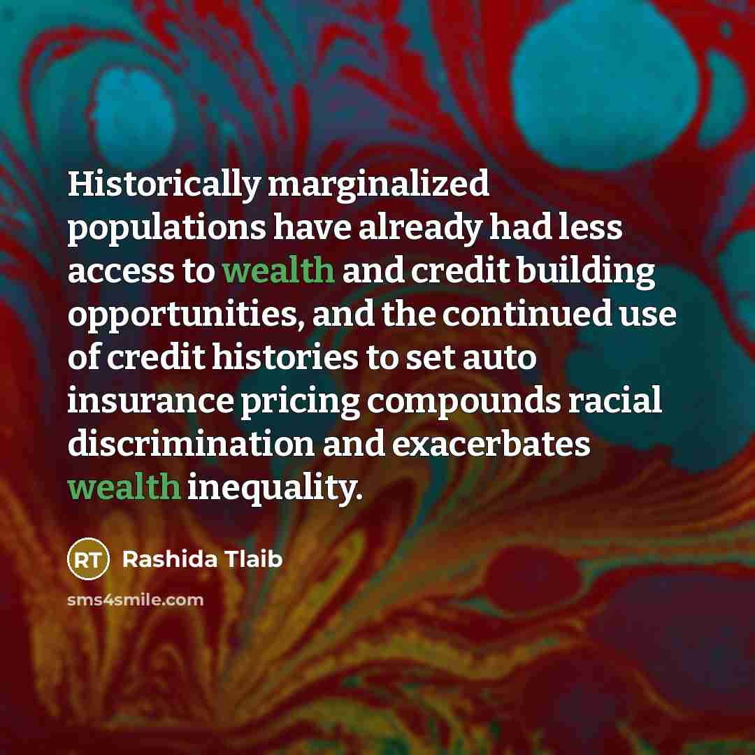 “Historically marginalized populations have already had less access to wealth and credit building opportunities, and the continued use of credit histories to set auto insurance pricing compounds racial discrimination and exacerbates wealth inequality.” quote by Rashida Tlaib