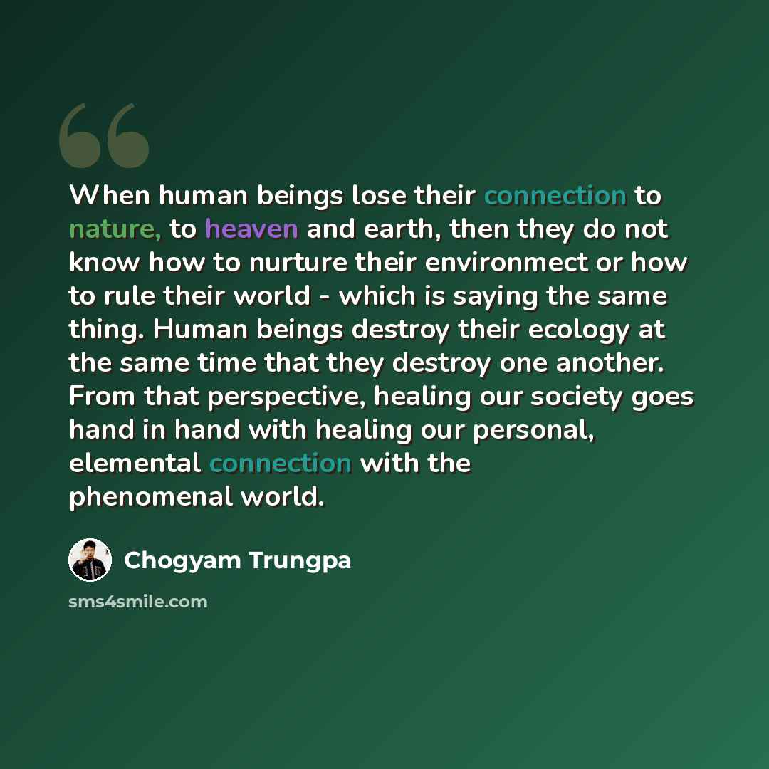 “When human beings lose their connection to nature, to heaven and earth, then they do not know how to nurture their environmect or how to rule their world - which is saying the same thing. Human beings destroy their ecology at the same time that they destroy one another. From that perspective…” quote by Chogyam Trungpa