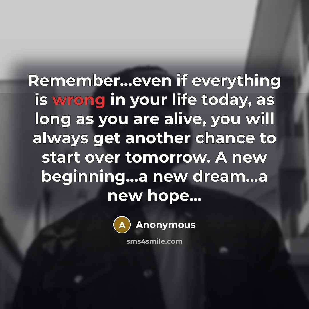“Remember...even if everything is wrong in your life today, as long as you are alive, you will always get another chance to start over tomorrow. A new beginning...a new dream...a new hope...” quote by Anonymous