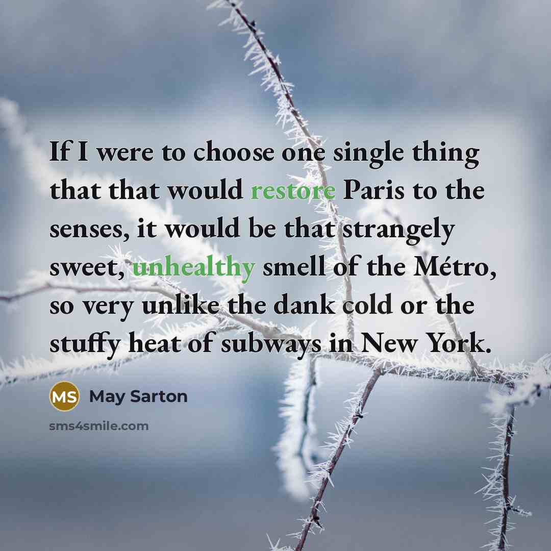 “If I were to choose one single thing that that would restore Paris to the senses, it would be that strangely sweet, unhealthy smell of the Métro, so very unlike the dank cold or the stuffy heat of subways in New York.” quote by May Sarton