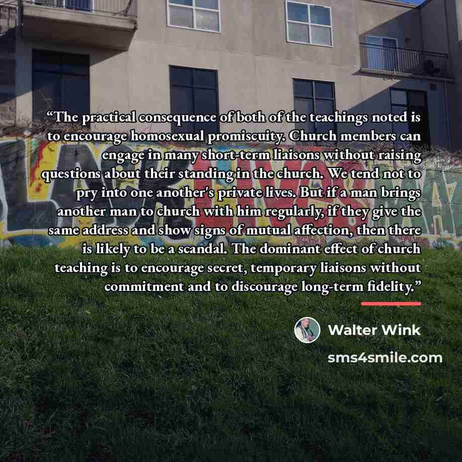 “The practical consequence of both of the teachings noted is to encourage homosexual promiscuity. Church members can engage in many short-term liaisons without raising questions about their standing in the church. We tend not to pry into one another's private lives. But if a man brings another man…” quote by Walter Wink