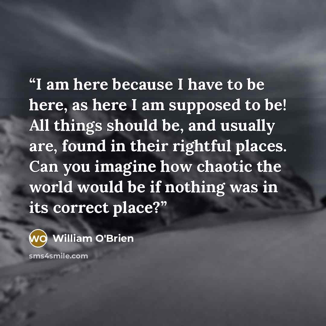 “I am here because I have to be here, as here I am supposed to be! All things should be, and usually are, found in their rightful places. Can you imagine how chaotic the world would be if nothing was in its correct place?” quote by William O'Brien