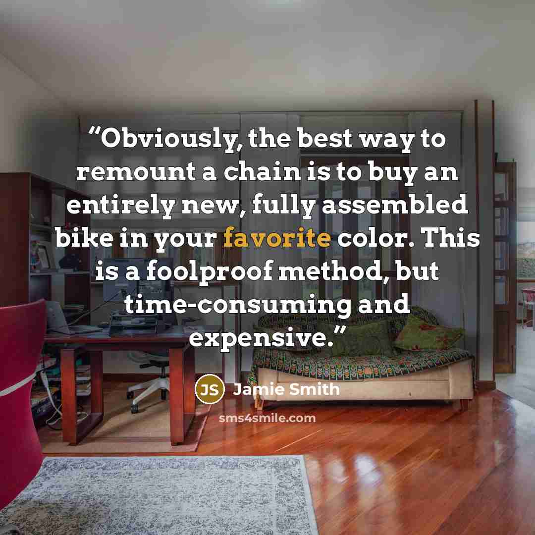 “Obviously, the best way to remount a chain is to buy an entirely new, fully assembled bike in your favorite color. This is a foolproof method, but time-consuming and expensive.” quote by Jamie Smith