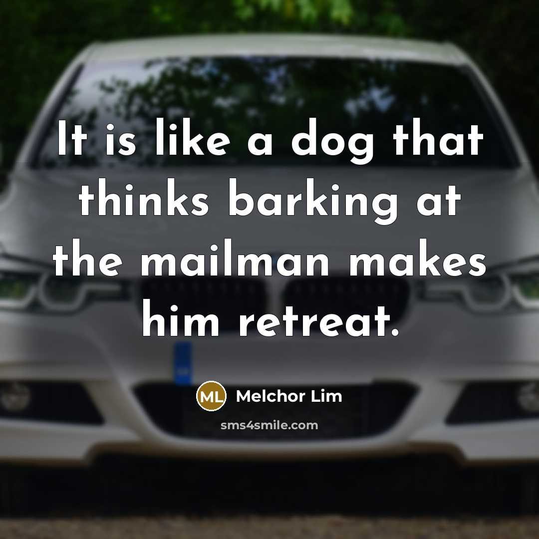 “It is like a dog that thinks barking at the mailman makes him retreat.” quote by Melchor Lim