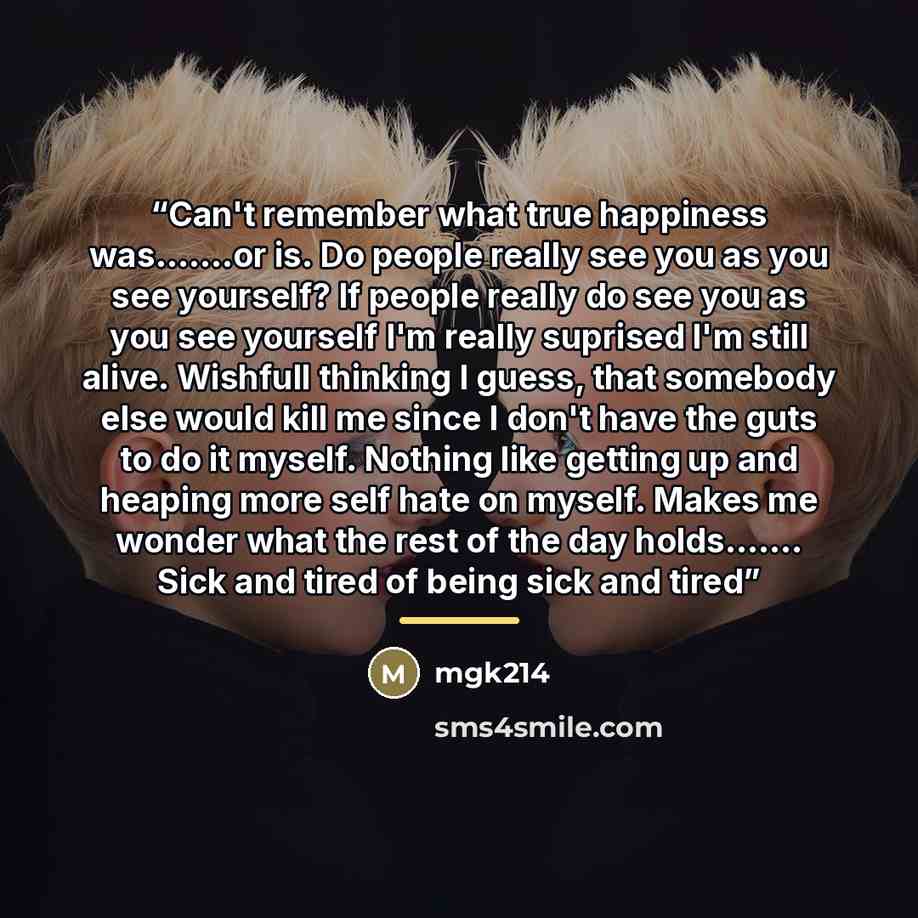 “Can't remember what true happiness was…or is. Do people really see you as you see yourself? If people really do see you as you see yourself I'm really suprised I'm still alive. Wishfull thinking I guess, that somebody else would kill me since I don't have the guts to do it myself. Nothing like…” quote by Mgk214