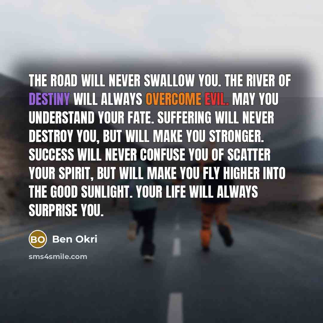 “The road will never swallow you. The river of destiny will always overcome evil. May you understand your fate. Suffering will never destroy you, but will make you stronger. Success will never confuse you of scatter your spirit, but will make you fly higher into the good sunlight. Your life will…” quote by Ben Okri