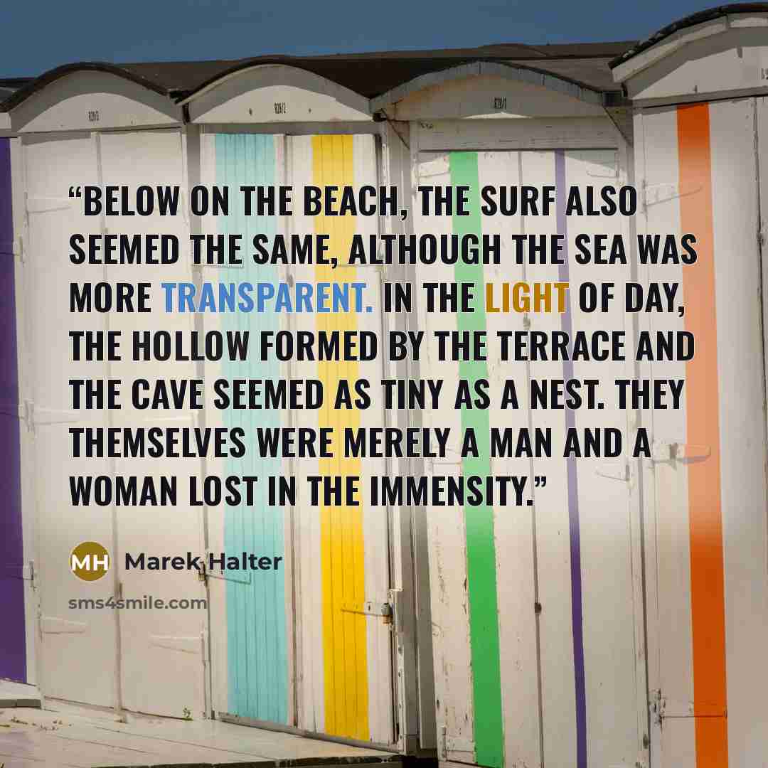 “Below on the beach, the surf also seemed the same, although the sea was more transparent. In the light of day, the hollow formed by the terrace and the cave seemed as tiny as a nest. They themselves were merely a man and a woman lost in the immensity.” quote by Marek Halter