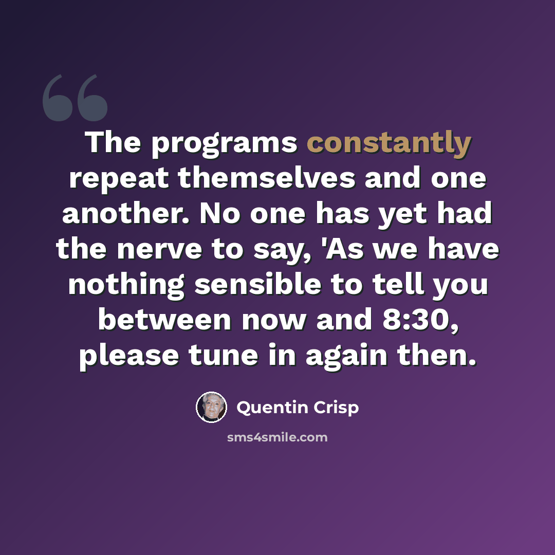 “The programs constantly repeat themselves and one another. No one has yet had the nerve to say, 'As we have nothing sensible to tell you between now and 8:30, please tune in again then.” quote by Quentin Crisp