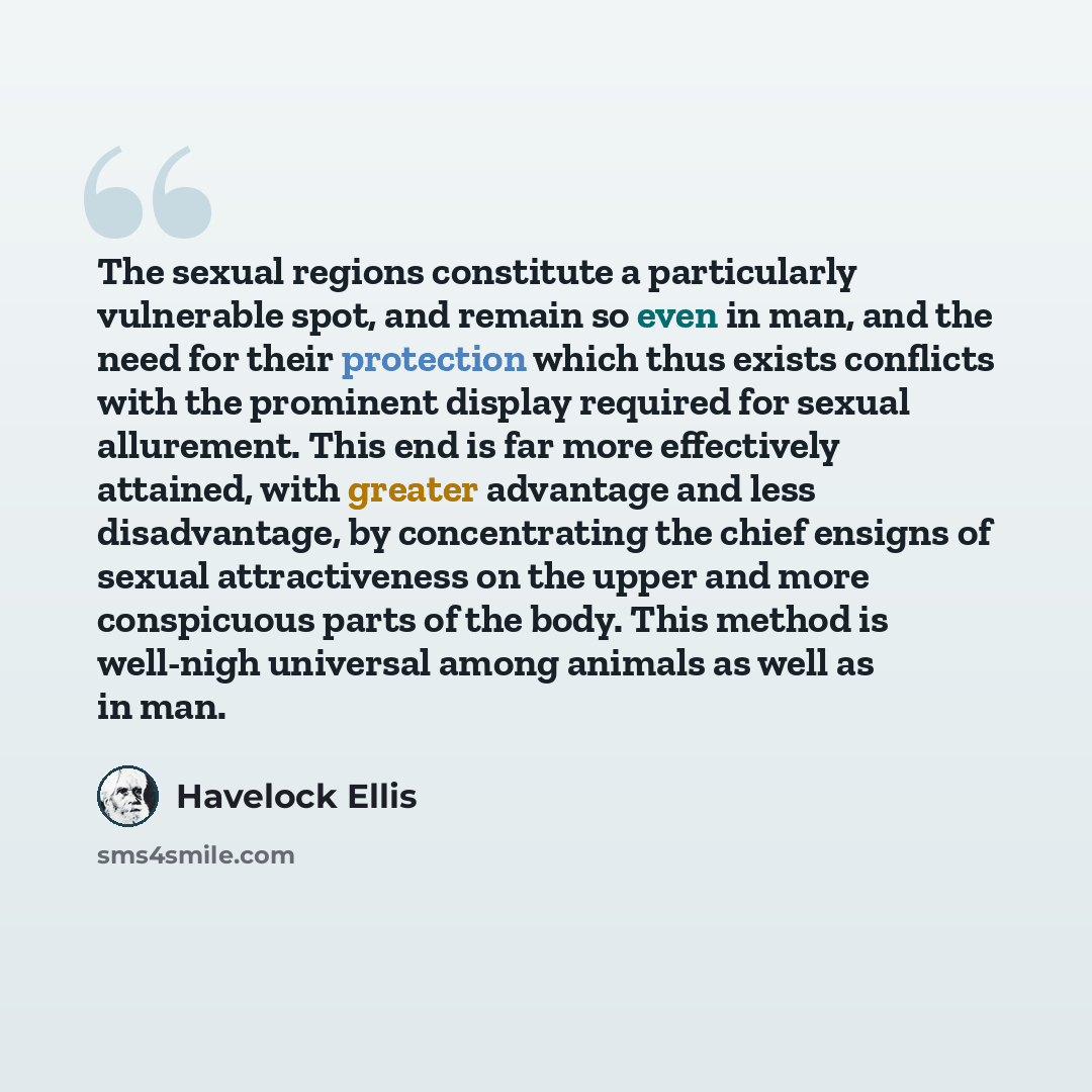 “The sexual regions constitute a particularly vulnerable spot, and remain so even in man, and the need for their protection which thus exists conflicts with the prominent display required for sexual allurement. This end is far more effectively attained, with greater advantage and less disadvantage…” quote by Havelock Ellis