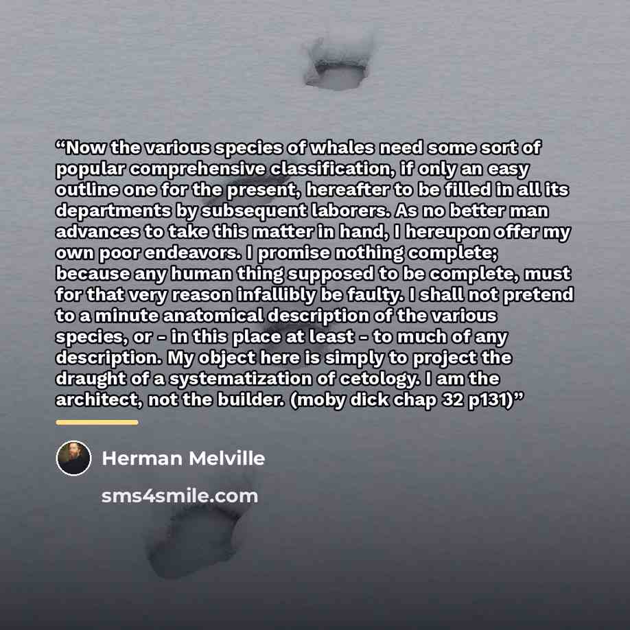 “Now the various species of whales need some sort of popular comprehensive classification, if only an easy outline one for the present, hereafter to be filled in all its departments by subsequent laborers. As no better man advances to take this matter in hand, I hereupon offer my own poor…” quote by Herman Melville