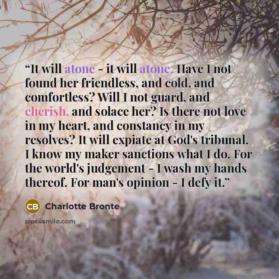 “It will atone - it will atone. Have I not found her friendless, and cold, and comfortless? Will I not guard, and cherish, and solace her? Is there not love in my heart, and constancy in my resolves? It will expiate at God's tribunal. I know my maker sanctions what I do. For the world's judgement…” quote by Charlotte Bronte