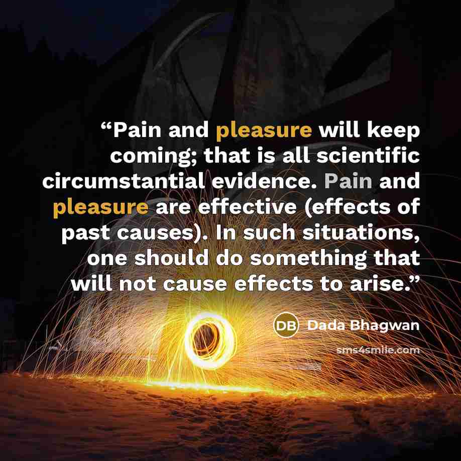 “Pain and pleasure will keep coming; that is all scientific circumstantial evidence. Pain and pleasure are effective (effects of past causes). In such situations, one should do something that will not cause effects to arise.” quote by Dada Bhagwan