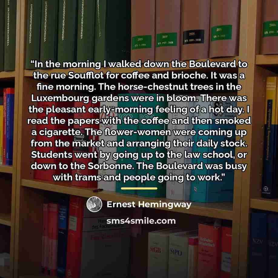 “In the morning I walked down the Boulevard to the rue Soufflot for coffee and brioche. It was a fine morning. The horse-chestnut trees in the Luxembourg gardens were in bloom. There was the pleasant early-morning feeling of a hot day. I read the papers with the coffee and then smoked a cigarette…” quote by Ernest Hemingway