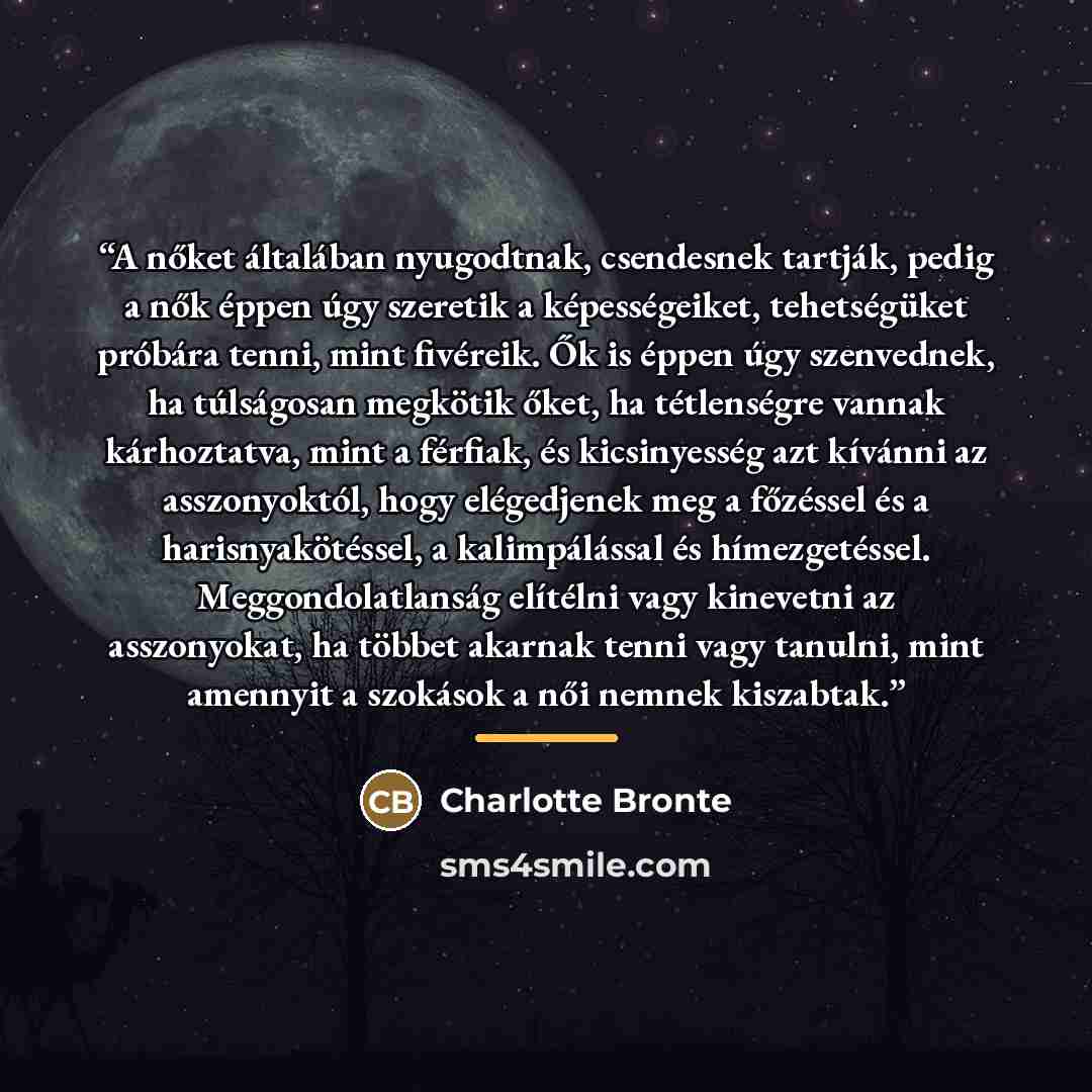 “A nőket általában nyugodtnak, csendesnek tartják, pedig a nők éppen úgy szeretik a képességeiket, tehetségüket próbára tenni, mint fivéreik. Ők is éppen úgy szenvednek, ha túlságosan megkötik őket, ha tétlenségre vannak kárhoztatva, mint a férfiak, és kicsinyesség azt kívánni az asszonyoktól, hogy…” quote by Charlotte Brontë