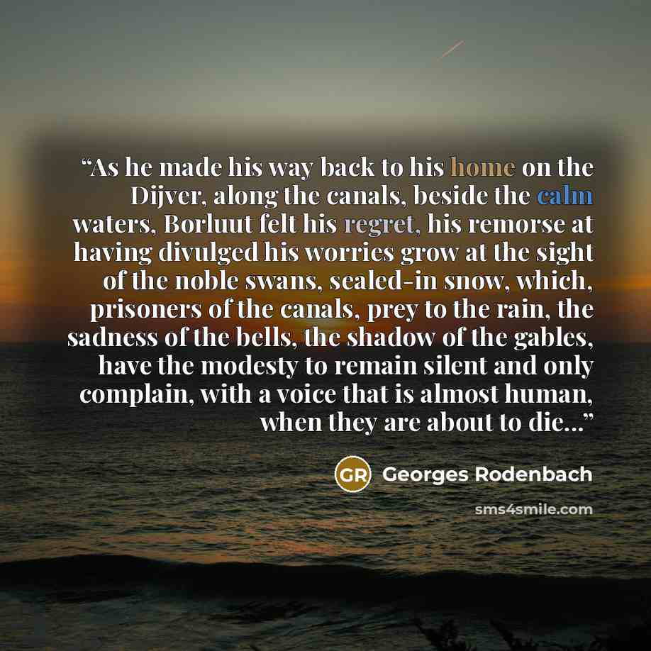 “As he made his way back to his home on the Dijver, along the canals, beside the calm waters, Borluut felt his regret, his remorse at having divulged his worries grow at the sight of the noble swans, sealed-in snow, which, prisoners of the canals, prey to the rain, the sadness of the bells, the…” quote by Georges Rodenbach