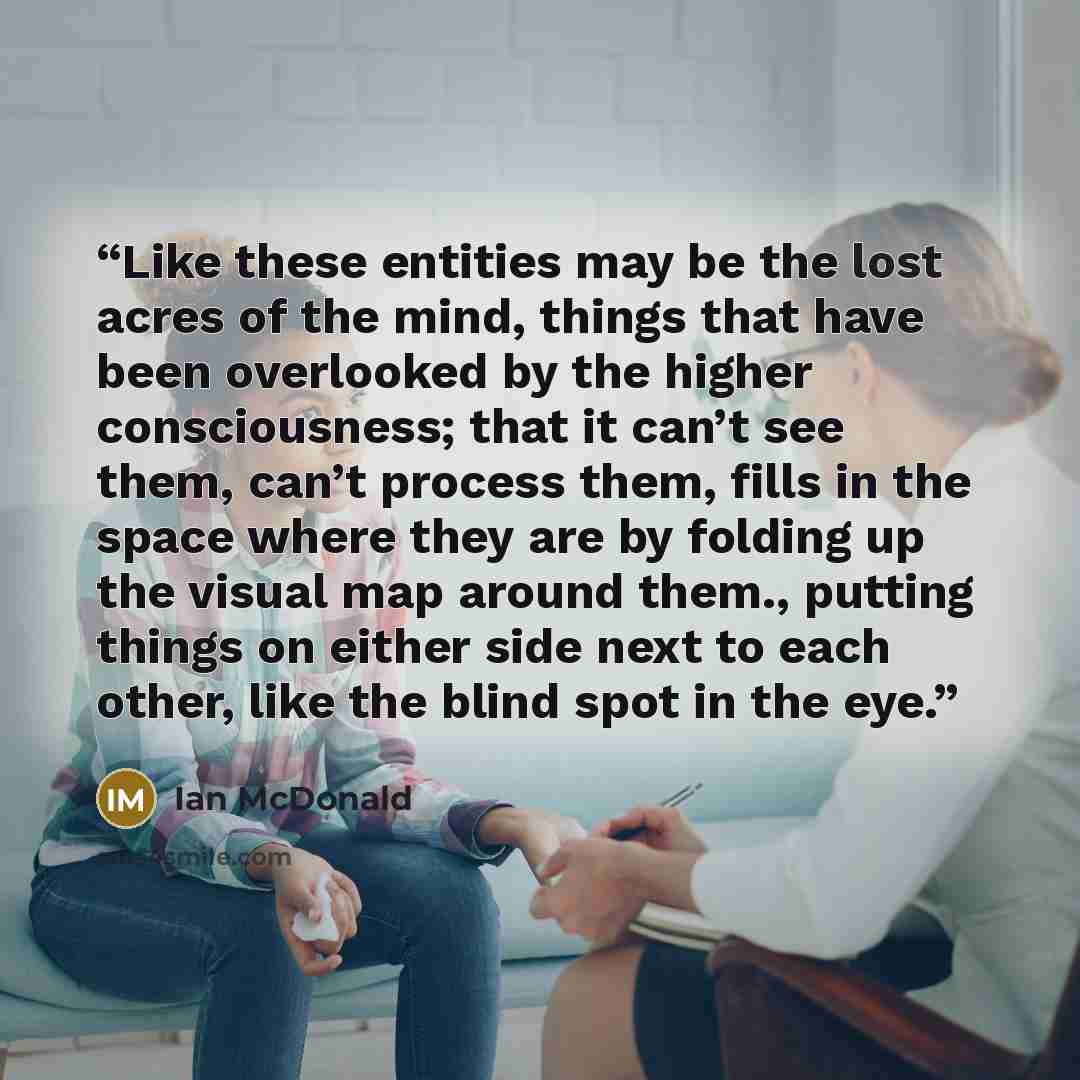 “Like these entities may be the lost acres of the mind, things that have been overlooked by the higher consciousness; that it can’t see them, can’t process them, fills in the space where they are by folding up the visual map around them., putting things on either side next to each other, like the…” quote by Ian McDonald