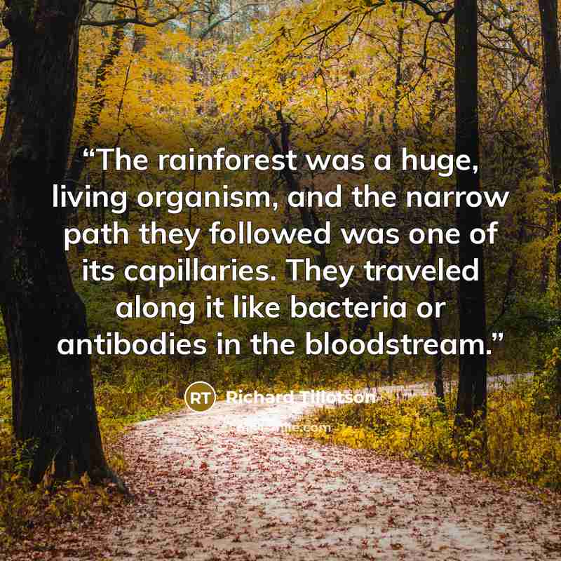 “The rainforest was a huge, living organism, and the narrow path they followed was one of its capillaries. They traveled along it like bacteria or antibodies in the bloodstream.” quote by Richard Tillotson