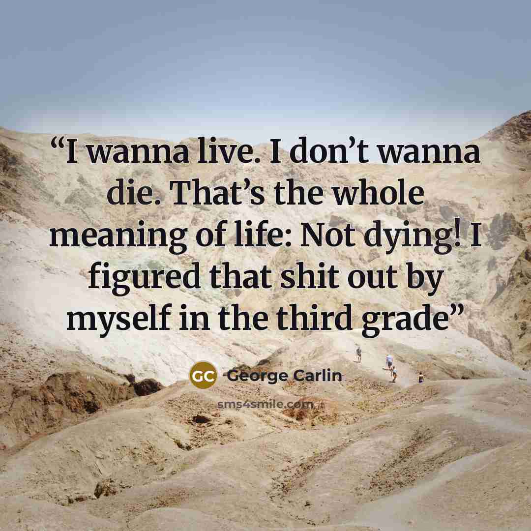 “I wanna live. I don’t wanna die. That’s the whole meaning of life: Not dying! I figured that shit out by myself in the third grade” quote by george carlin