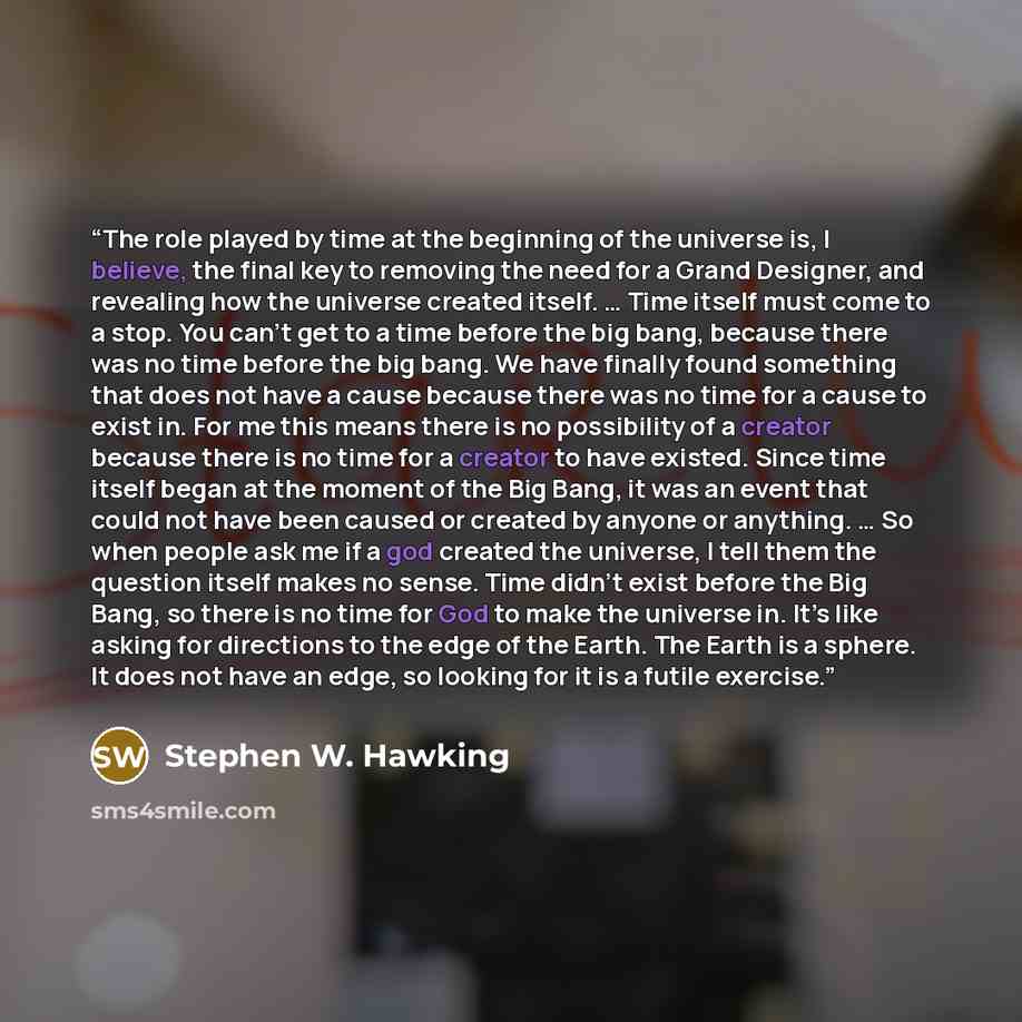 “The role played by time at the beginning of the universe is, I believe, the final key to removing the need for a Grand Designer, and revealing how the universe created itself. … Time itself must come to a stop. You can’t get to a time before the big bang, because there was no time before the big…” quote by Stephen W. Hawking